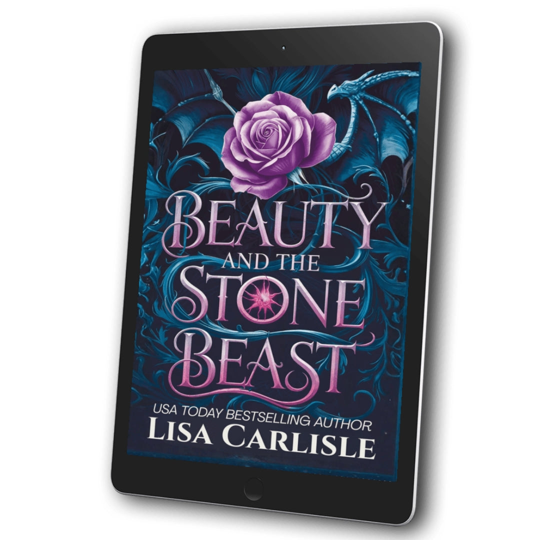 Ebook cover of 'Beauty and the Stone Beast' by Lisa Carlisle on a tablet screen.