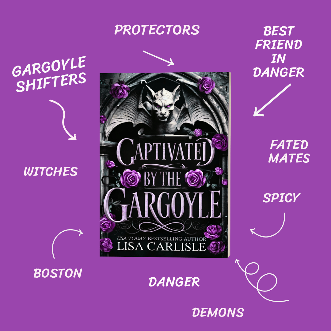 Book cover of 'Captivated by the Gargoyle' with thematic keywords on a purple background