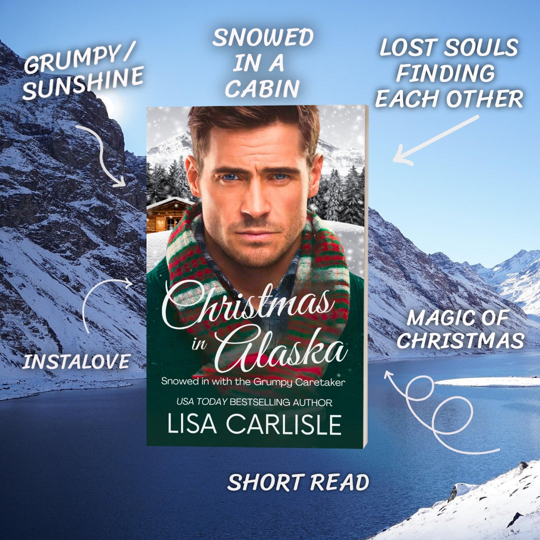 Book cover with a man in a scarf and snowy background listing tropes