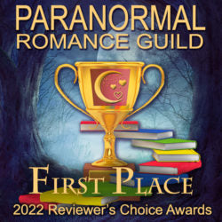 Paranormal Romance Guild First Place 2022 Reviewer's Choice Awards logo with a trophy and books.