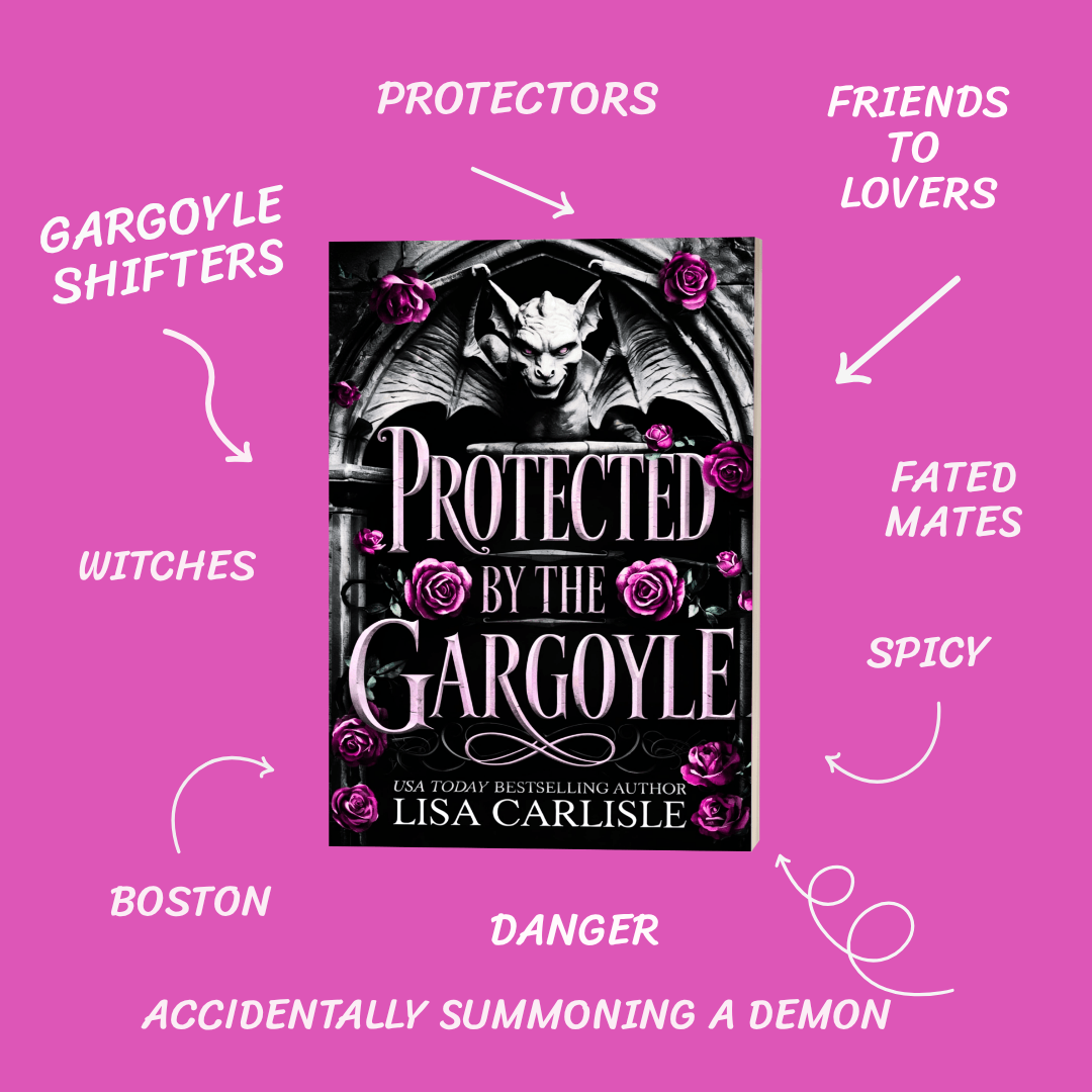Book cover of 'Protected by the Gargoyle' with thematic elements on a pink background