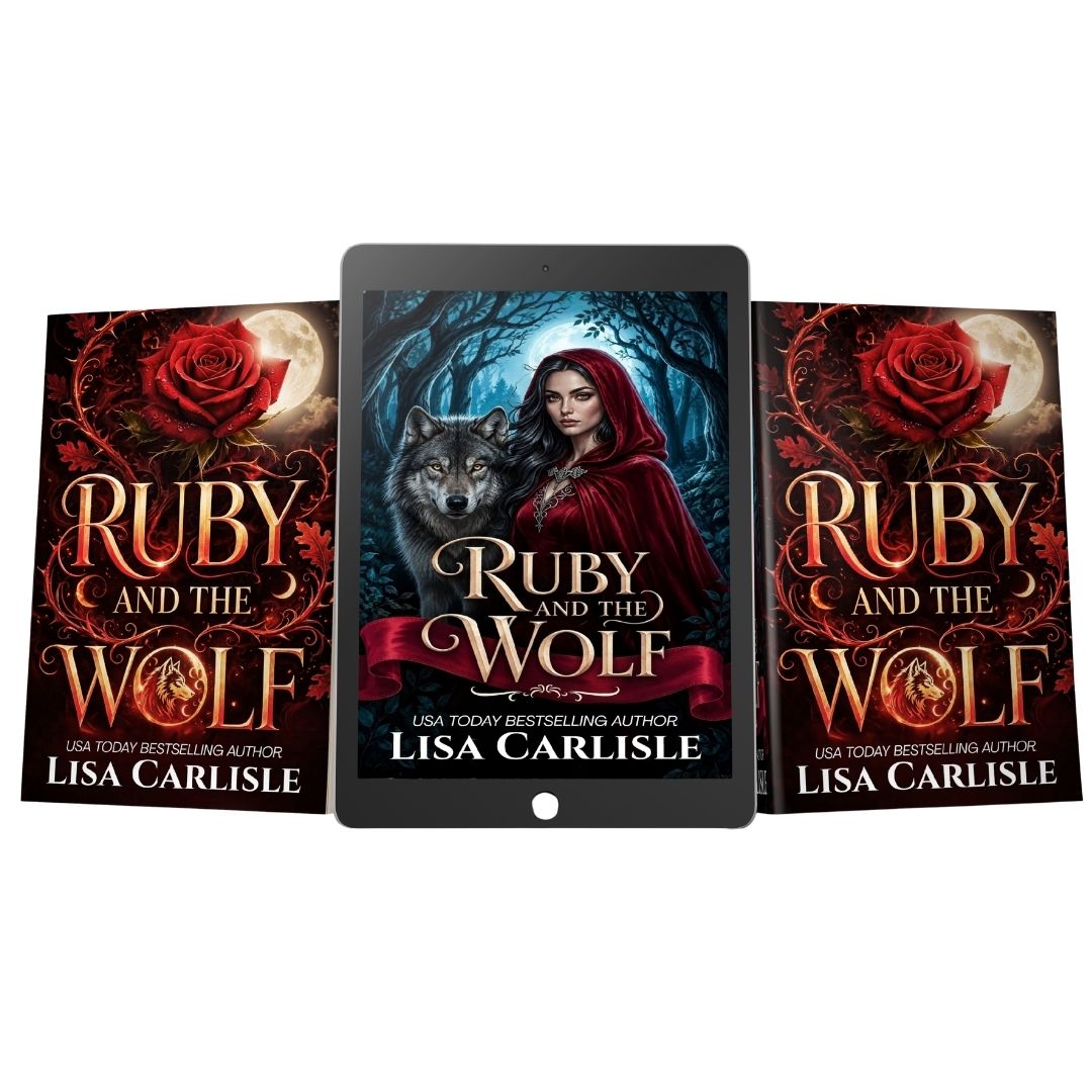 paperback cover of Ruby and the Wolf wit a rose and moon; ebook cover of Ruby and the Wolf with woman in red cloak and wolf