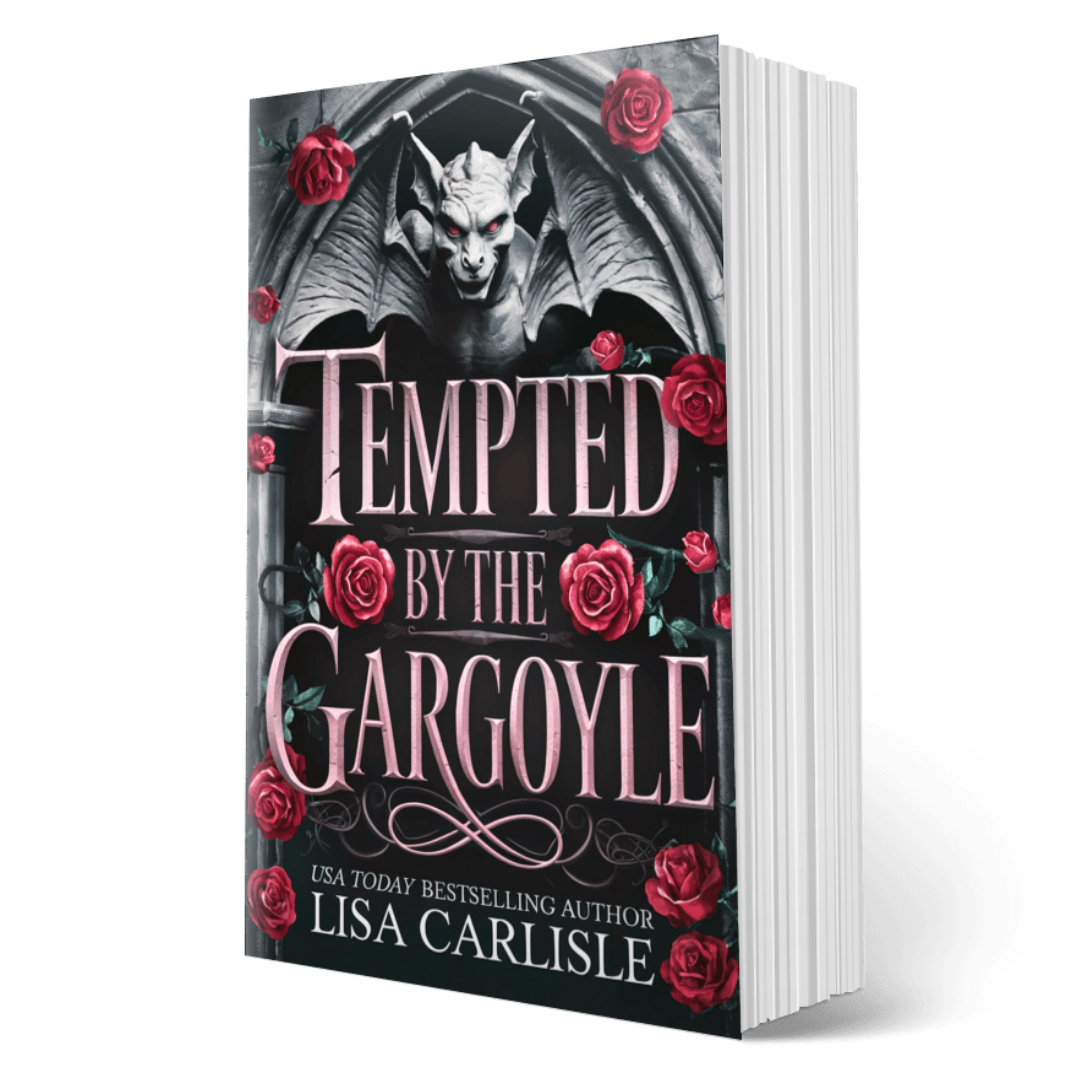 Book cover of 'Tempted by the Gargoyle' with a gargoyle and roses on a black background