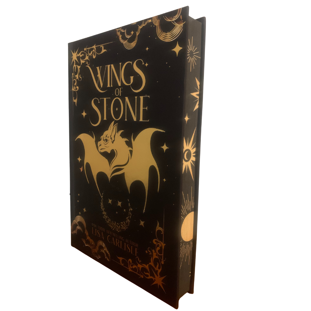 Book cover of 'Wings of Stone' with gold text and illustrations on a black background