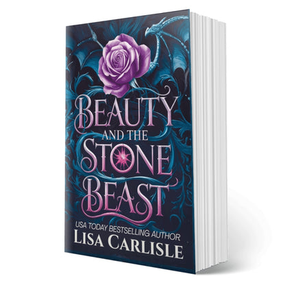 Book cover of 'Beauty and the Stone Beast' by Lisa Carlisle with a purple rose and dark blue background.
