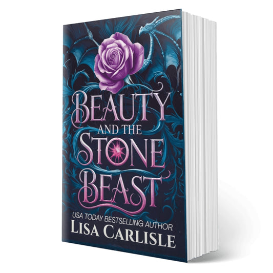 Book cover of 'Beauty and the Stone Beast' by Lisa Carlisle with a purple rose and dark blue background.