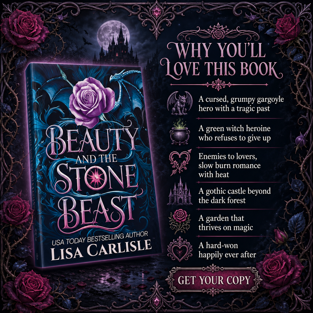 Book cover and promotional graphic for 'Beauty and the Stone Beast' by Lisa Carlisle, featuring a dark fantasy illustration with a purple rose, blue-black background, gothic castle, and decorative text listing book qualities on a dark ornate backdrop.
