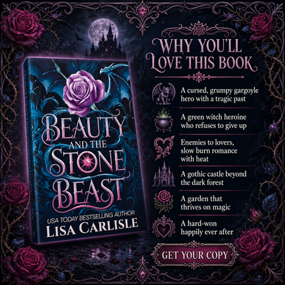 Book cover and promotional graphic for 'Beauty and the Stone Beast' by Lisa Carlisle, featuring a dark fantasy illustration with a purple rose, blue-black background, gothic castle, and decorative text listing book qualities on a dark ornate backdrop.