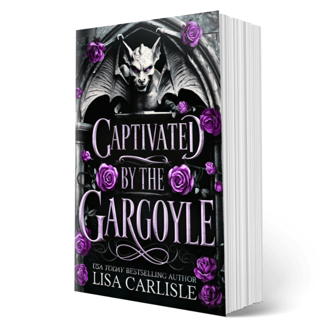 Book cover of 'Captivated by the Gargoyle' with a gargoyle and purple roses on a white background