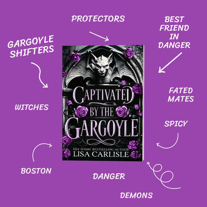 Book cover of 'Captivated by the Gargoyle' with thematic keywords on a purple background