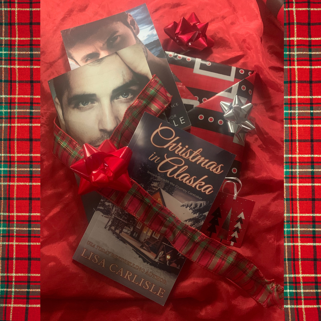 Book titled 'Christmas in Alaska' by Lisa Carlisle with decorative ribbons and stars on a red plaid background.
