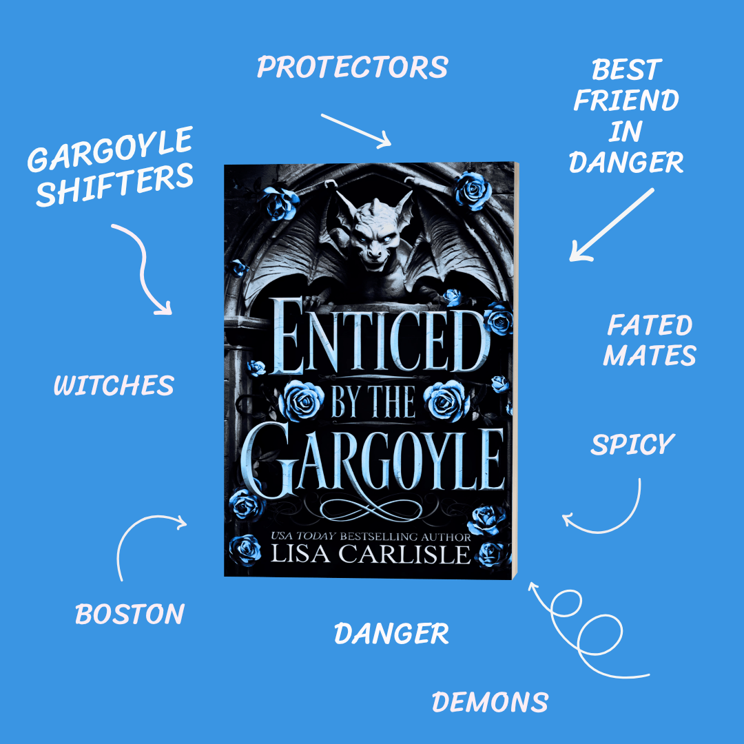 Book cover of 'Enticed by the Gargoyle' with thematic elements on a blue background