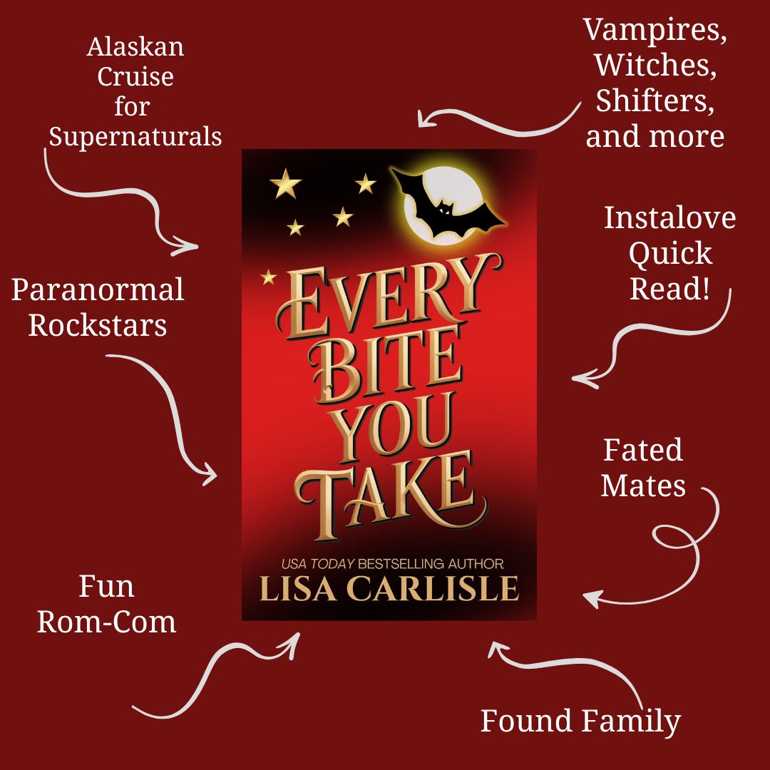 Book cover of 'Every Bite You Take' by Lisa Carlisle with genre descriptors on a red background