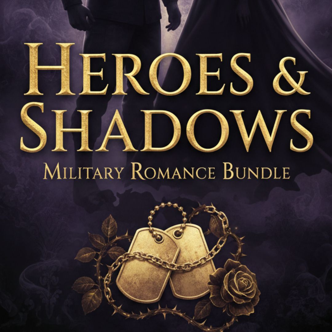 Promotional image for 'Heroes & Shadows Military Romance Bundle' with gold text and military-themed design.