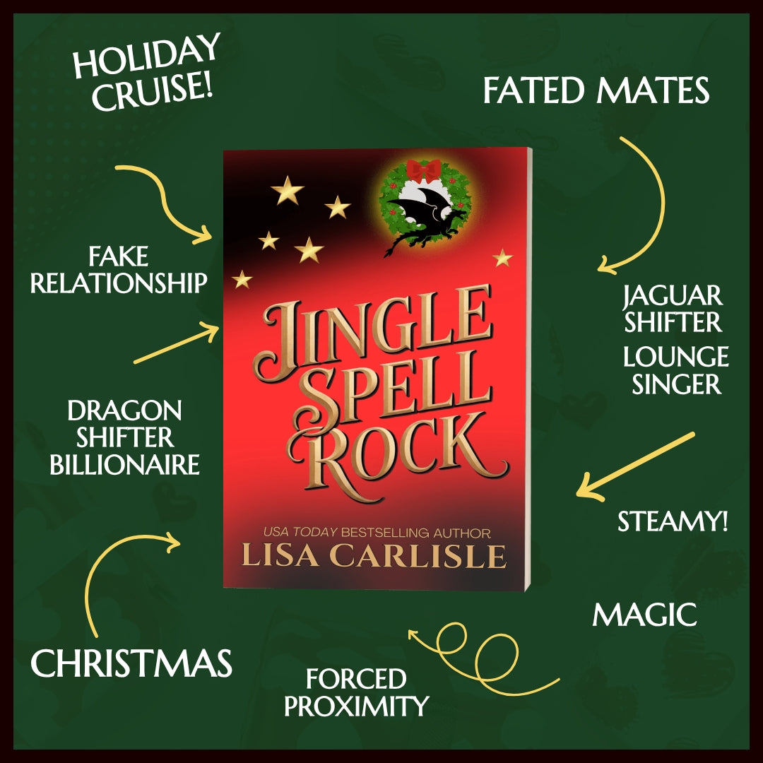 Book cover of 'Jingle Spell Rock' by Lisa Carlisle with promotional text on a green background