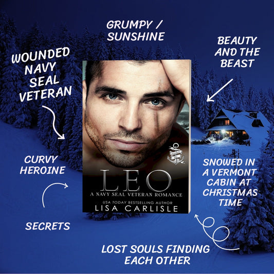 Leo romance book cover with tropes including snowed in, grumpy sunshine, Christmas in Vermont, and Beauty and the Beast vibes
