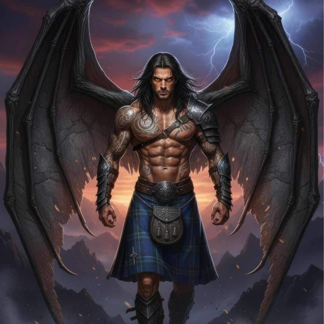 Majestic creature with wings and armor standing against a dramatic sky.