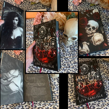Collage of a book titled 'Portrait of Desire' by Lisa Carlisle with gothic design elements.