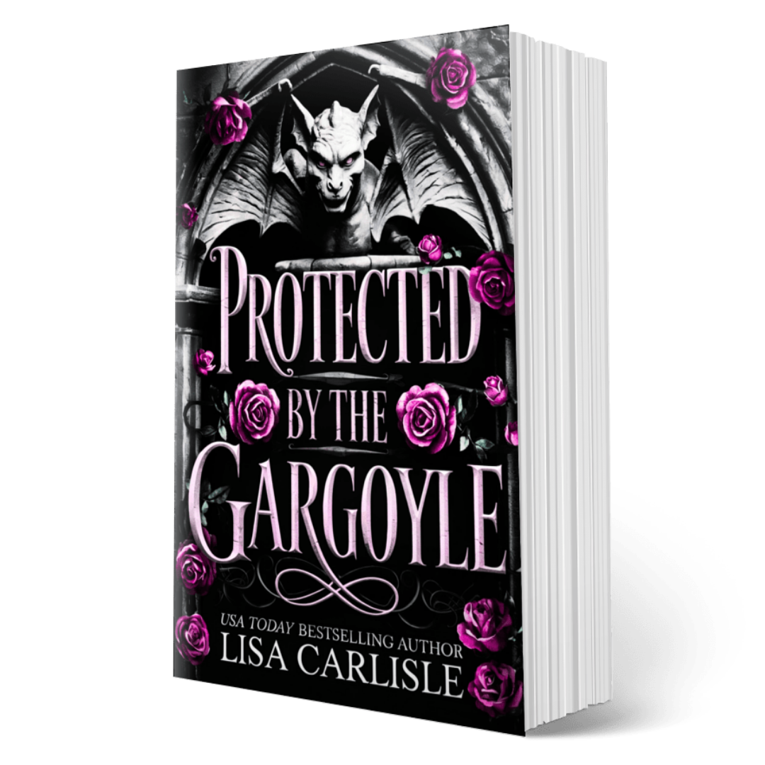 Book cover of 'Protected by the Gargoyle' with a gargoyle and roses on a black background