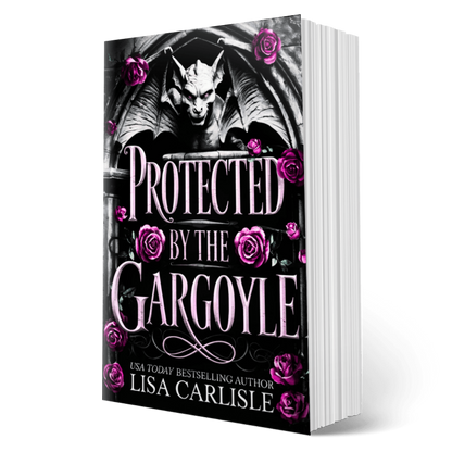 Book cover of 'Protected by the Gargoyle' with a gargoyle and roses on a black background