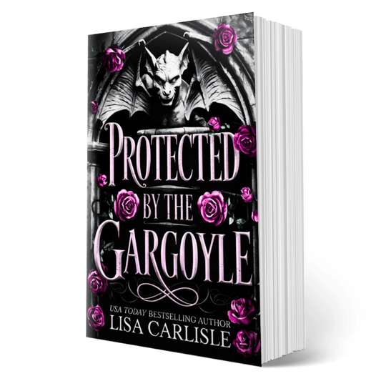 Book cover of 'Protected by the Gargoyle' with a gargoyle and roses on a black background