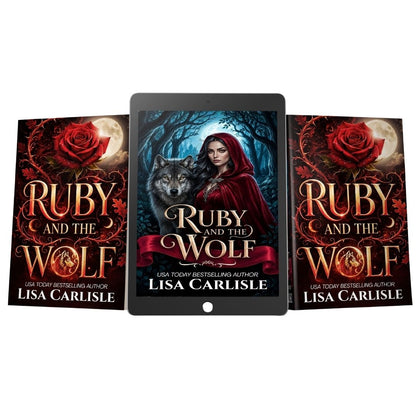 paperback cover of Ruby and the Wolf wit a rose and moon; ebook cover of Ruby and the Wolf with woman in red cloak and wolf