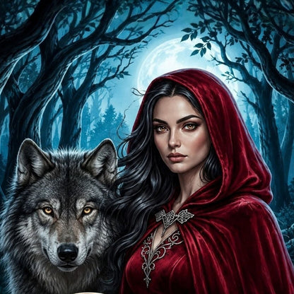 a woman in a red hooded cloak beside a large wolf in a dark blue forest at night.