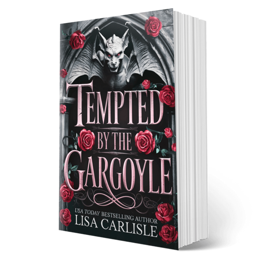 Book cover of 'Tempted by the Gargoyle' with a gargoyle and roses on a black background