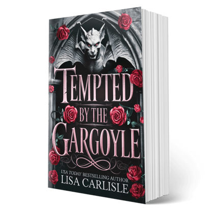 Book cover of 'Tempted by the Gargoyle' with a gargoyle and roses on a black background