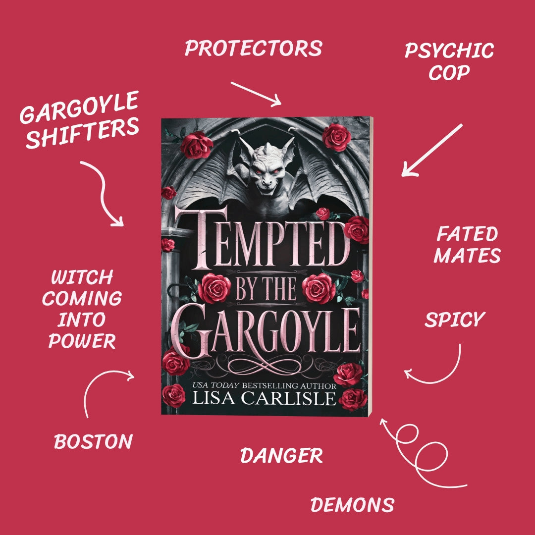 Book cover of 'Tempted by the Gargoyle' with tropes on a red background
