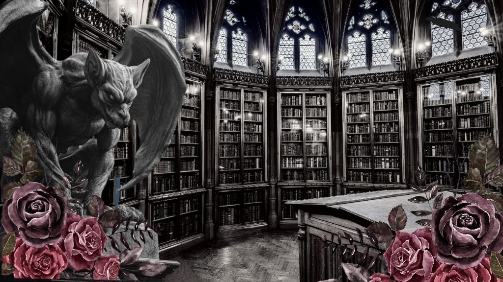 Gothic-style library with bookshelves, a table, and decorative elements.