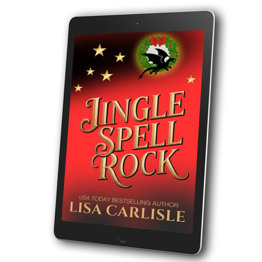 Digital book cover of 'Jingle Spell Rock' by Lisa Carlisle on a tablet screen.
